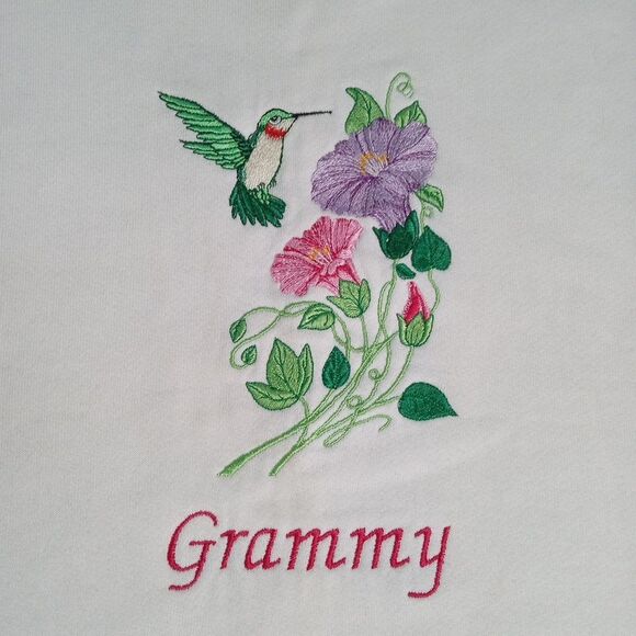Vtg Jerzees Womens Sweatshirt Embroidered Hummingbird Flowers White Sz L Granny - Picture 3 of 6
